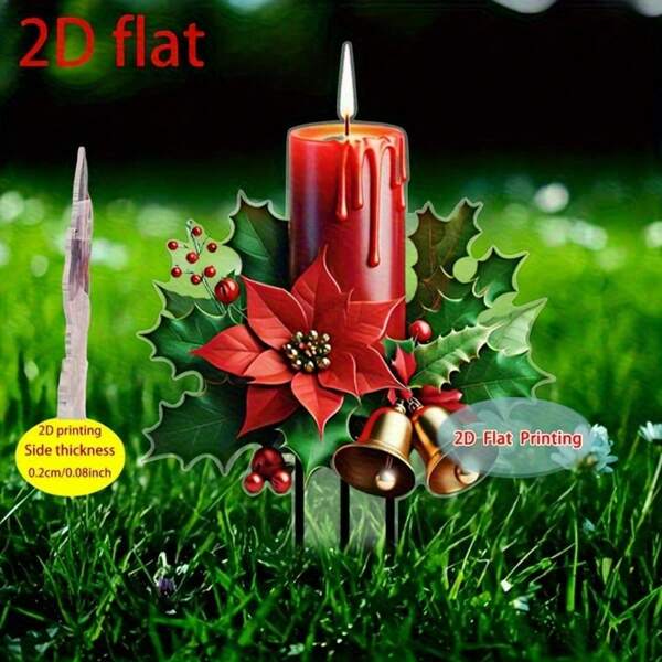 قطعة واحدة من نمط مسطح ثنائي الأبعاد مع تطريزات حمراء، أجراس ذهبية مضمنة، ديكور حديقة أكريليك/يارد، مناسب للباتيو والحديقة، أفضل ديكور عيد الميلاد