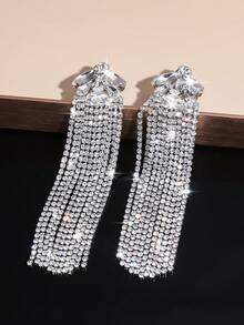 1 Pair High-End Multi-Layer Crystal Rhinestone Long Tassel Earrings, Fashionable Rhinestone Stud Earrings, Party Dress, Daily Versatile, Wedding Dress Earrings - Crystal Rhinestone Tassel Earrings - View 8