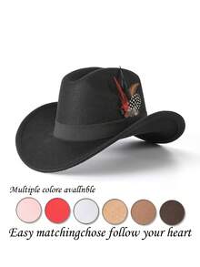 1pc Unisex Elegant Square Woven Band & Feather Trim Felt Trilby Hat, Suitable For Daily & Holiday Wear - Multicolor - View 10