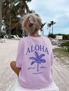 2026 Summer Shirts Women's New Palm Tree Slogan Print Casual Round Neck Short Sleeve T-Shirt, Fashionable Resort Style, Your Daily Essential Item. Gr - 紫色 2 - 查看 3