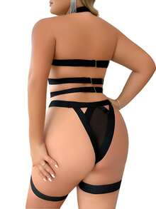 Plus Size Women's Strappy Harness Hollow Out 4-Piece Lingerie Set - Criss Cross Bra, Thong & Garters With Free Gift - 黑色 - 查看 4