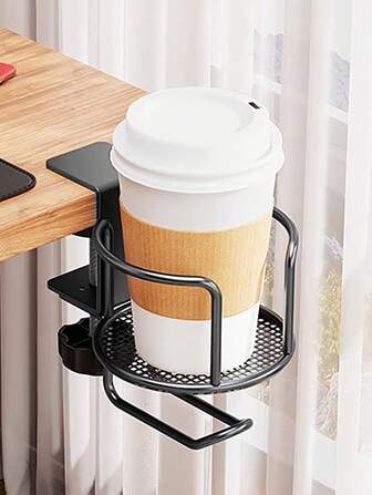 Office Side-Mounted Fixed Cup Holder, Non-Slip Mug Tray, Desktop Space Saving Folding Rack