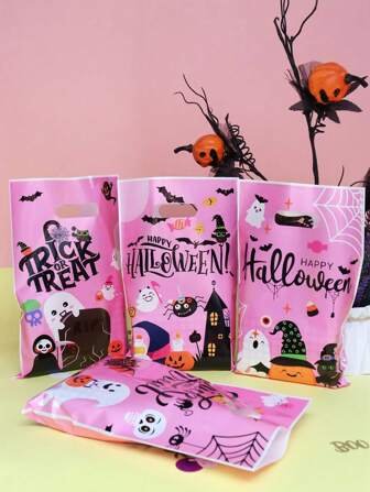 20Pcs/50Pcs 16.5*25cm Halloween Pink Gift Bags, Cute Cartoon Style "Trick Or Treat" Party Favor Bags With Adorable Ghost, Pumpkin, Bat Patterns, Holiday Gift Bags