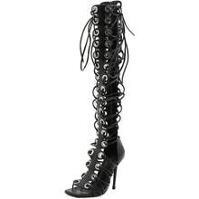 Local Delivery-- Women Peep Toe Sandals Cut-Outs Cross-Tied Lace Up High Heeled Gladiator Sandals Zipper Over The Knee Bootie Summer - 黑色 - 查看 1