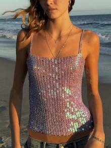 Womens Sequin Cami Tank Top Y2k Sparkly Spaghetti Strap Square Neck Loose Fit Camisole Crop Tops Sleeveless Bling Embellished Vests Shirts Glitter Rhinestone Going Out Tops Beach Party Club Wear - 藍色 - 查看 2