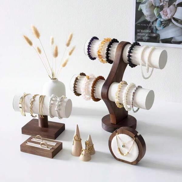 1pc Walnut Wood Color Jewelry Display Stand, High-End Jewelry Counter, Displaying Props Such As Bracelets, Watches, Necklaces, And Ring Racks For Women Storage Organizer Travel Essentials Back To School Dormitory Storage