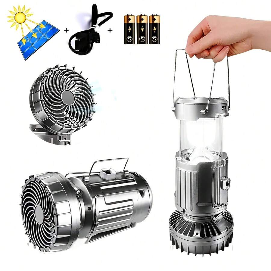 Portable Solar Lantern Fan USB Rechargeable LED Camping And Emergency Lamp - Silver - View 1