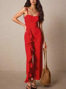 Elegante mono de mujer con volantes asimétricos y encaje floral: un sofisticado look de fiesta para primavera y verano. - Rojo - Ver 1