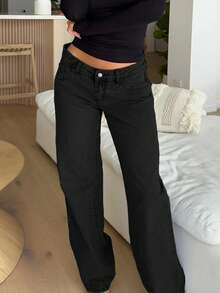 New Popular European And American Street Style Simple Daily Commuting Casual Low-Waist Straight Women's Jeans Spring - Black - View 3