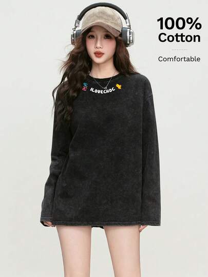 复古做旧美式休闲街头风格女式棉质 T 恤