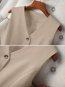 Women's Casual Single-Breasted Sleeveless Blazer For Spring/Summer Office Commute Wear - Khaki - View 5