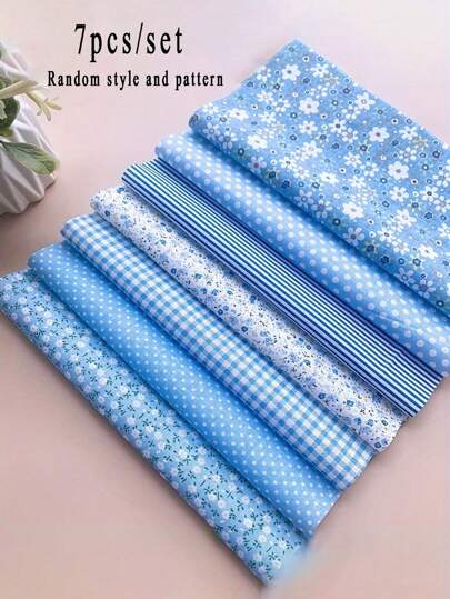 Lapptäckstyg, blått blommigt och prickigt hantverkstygpaket - 25 x 25 cm kvadratiskt, sömnadstyg för DIY-sömnad, DIY-dockkläder, scrapbooking och quiltning, sybehör och tillbehör, flera färger och stilar att välja mellan (slumpmässiga stilar)