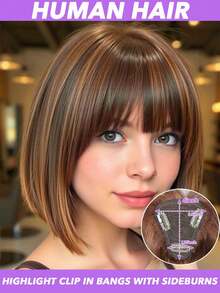 #4/27 巧克力棕色，浅棕色挑染，直发人发T型发夹，女士刘海，真人发，真人发，女士假发，8英寸10英寸真人发夹，稀疏头发用发夹 - S4/27 - 查看 10