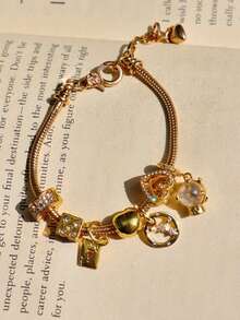 1pc Zodiac Charm Bracelet, 1pc Fashion Metal Crystal Ball Bracelet, 1pc Vintage Heart Bracelet, 1pc Gold Envelope DIY Bracelet - Gold - View 7