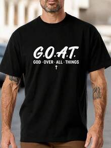 Men's GOAT God Over All Things T-Shirt - Bold White Greek Lettering & Christian Cross Design, Plus Size S-3XL, Casual Short Sleeve Tee With Faith-Based Slogan, Black Religious Apparel For Church, Casual Attire - 黑色 - 查看 6