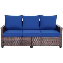 EortheX Outdoor Patio Sofa, 3-Seat Rattan Wicker Couch For Garden Deck Or Porch, Comfortable All-Weather Patio Furniture With Anti-Slip Cushions (Blue) - 1 - 查看 1