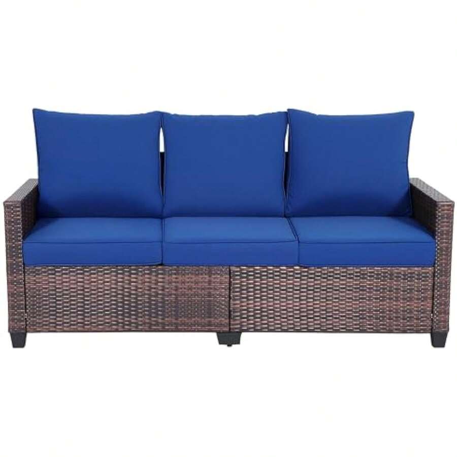 EortheX Outdoor Patio Sofa, 3-Seat Rattan Wicker Couch For Garden Deck Or Porch, Comfortable All-Weather Patio Furniture With Anti-Slip Cushions (Blue) - 1 - 查看 1