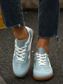 1 par de tênis casuais respiráveis com cadarço, sapatos brancos para adolescentes, adequados para primavera, verão e outono - Azul - Ver 7