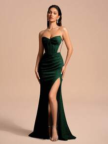 Romantic Ruffle Trim Slit Thigh Glitter Strapless Maxi Dress - Dark Green - View 1