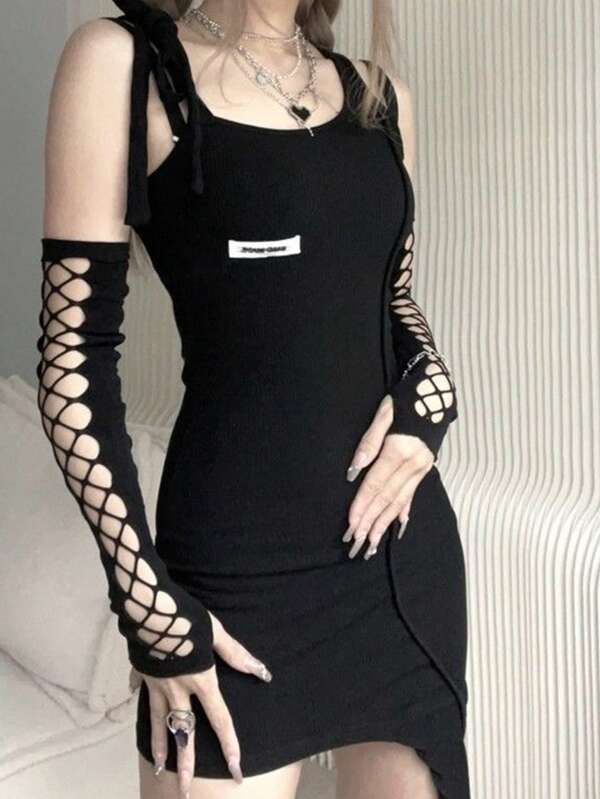 1 Pair Retro Photography Grid Mesh Distressed Fingerless Arm Sleeves, Y2K Goth Costume Accessory