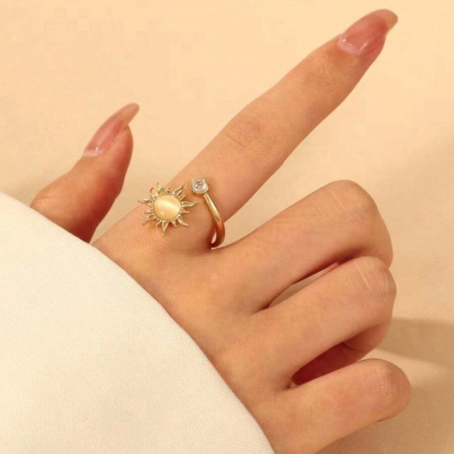 1 peça de anel personalizado estilo retrô europeu e americano, simples, com girassol, que pode girar e abrir, feminino, uso diário, anel Fidget
