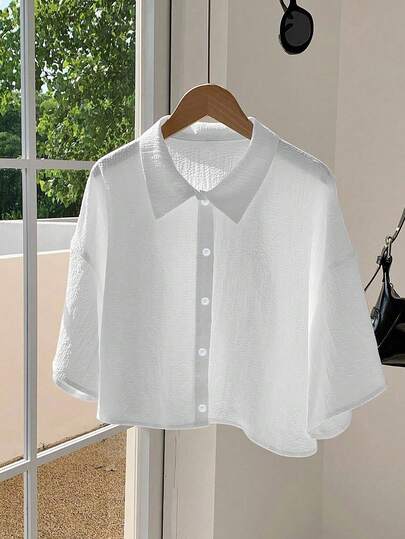 Mobula Sound 休闲时尚夏季短袖纹理梭织衬衫，适合日常、旅行、机场等场合，白色