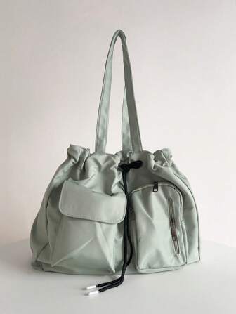 抽绳设计纯色大容量帆布单肩包购物袋，轻便，商务休闲女士容量帆布包简约休闲拉链开合手提包适合日常使用、大学和旅行适合少女、女大学生、新秀和白领工作者非常适合办公室、大学、工作、商务、通勤、户外、旅行、郊游