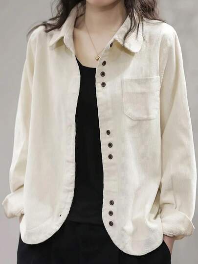 Women Corduroy Button Down Shirts Relaxed Fit Casual Long Sleeve Fashion Cardigan Jacket 2025 Fall Oversized Blouses Tops With Pocket Spring