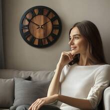 Dekorative runde Holz Wanduhr, künstlerische geräuschlose Batterie-betriebene Uhr Dekoration für Zuhause 14 16 18 Zoll Vintage Holz Uhr Heimdekoration für Küche, Wohnzimmer, Schlafzimmer, Büro - Holzfarbe + Schwarz - Übersicht 7