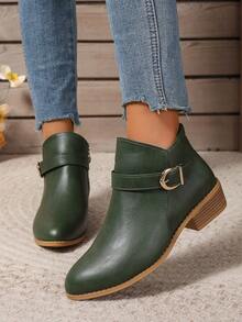 女士现代简约高品质绿色真皮踝靴,秋冬季百搭英伦风尖头踝靴,秋冬季女士侧拉链金属扣踝靴,欧美网红踝靴,坡跟,适合秋季、冬季、大学/度假风格穿着 - 墨綠色 - 查看 8
