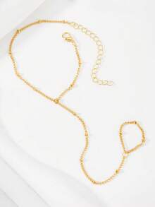 1pc Stainless Steel Minimalist Hand Chain, Finger Chain Design, Basic Daily Accessory, Summer Gift For Friends (Random Bead Quantity) - Gold - View 3