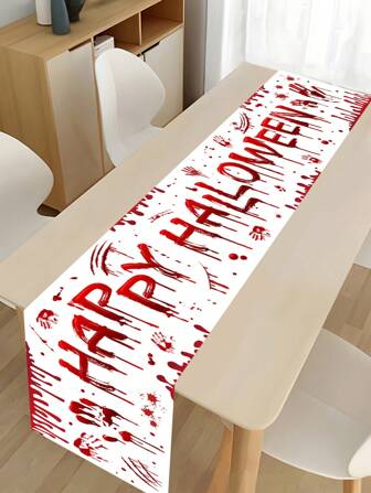 1 Stück / 100 Stück 35*180cm Halloween Blutig "Happy Halloween" Polyester Tischläufer/Tischdecke - Karneval Atmosphäre, Blut tropfend und Handabdruck Dekoration, einzigartiger roter Blutflecken-Effekt und gruseliger Schrifttyp, präsentiert perfekt den schrecklichen Halloween-Stil, geeignet für Party, Familientreffen, Esszimmer-Dekoration