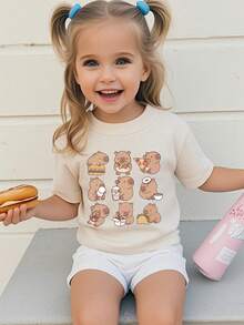 Young Girl Casual Cute Cartoon Print Short Sleeve T-Shirt, Summer - Beige - View 1