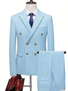 Set de 2 piezas Traje de negocios slim fit de color liso y elástico para hombres, que incluye blazer doble botonadura y pantalones, conjunto formal de trabajo - Celeste - Ver 2