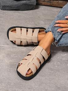 女士厚底木屐，时尚一脚蹬镂空穆勒鞋，舒适平底凉拖，适合孕妇，防滑，2025 年夏季新款 - 卡其色 - 查看 4