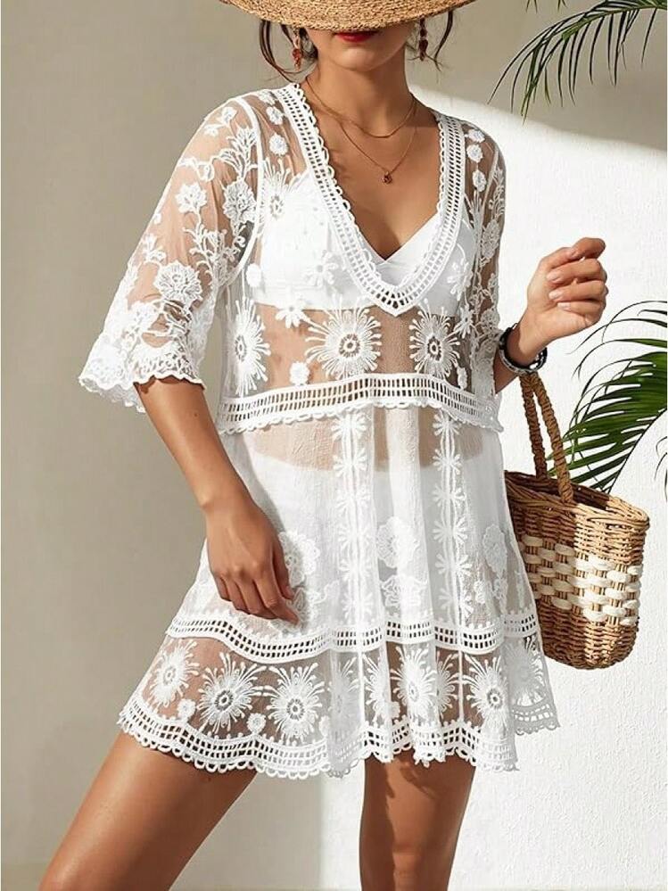 Women's Contrast Lace Loose Swimsuit Cover Up Beach Dress - Swimwear 2025 IBGX - H-white - View 7