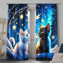 2 件可爱小猫窗帘 - 俏皮猫咪设计，蓝色窗帘和闪烁灯光，耐用涤纶面料，半透明，适用于客厅或卧室装饰（不含杆），卧室窗帘 | 猫咪主题装饰 | 杆袋风格，客厅窗帘 - 彩色 - 查看 6