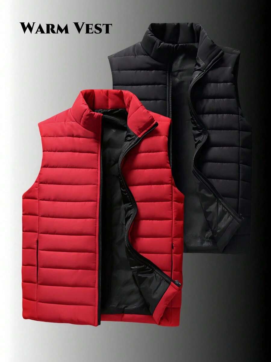 2pcs Men's Padded Vest, Lightweight Padded Coat For Autumn Winter, Reversible Design,Fleece - Multicolor - View 1