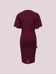 复古风纯色圆领抽绳腰身修身连衣裙，热销女装，春夏优雅风。 - 酒紅色 - 查看 6