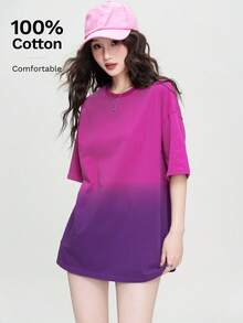 Camiseta de algodón con cuello redondo y estampado de degradado lavado para mujeres