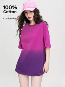 Washed Gradient Print Round Neck Cotton T-Shirt For Women
