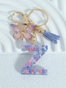 Sparkling Purple Mixed Snowflake Sequins, 26 Capital English Letters, Paired With Golden Patterned Butterflies And Purple Leather Tassels, 18kc Gold Lobster Buckle Flat Ring Chain Three Pieces Keychain Set, Suitable For Luggage Hanging Accessories, Car Hanging Accessories, Key Hanging Accessories, Mobile Phone Hanging Accessories, Clothing Hanging Accessories, As A Birthday Gift For Friends, Couples, And Mothers, Suitable For Both Men And Women - Purple - View 28