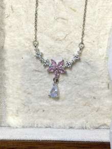 1pc Silver Necklace, Delicate Floral Series Necklace For Women, Unique Design Sweet Style Wisteria & Peach Blossom Pendant Necklace, Titanium Steel Clavicle Chain, Pearl Necklace, Gold Cross Necklace, Pink Silver Necklace To Decorate Collar, Girl Style Pendant Design, Gold & Silver Chain Interwoven Medal Decoration, Creating A Retro Combination Necklace
