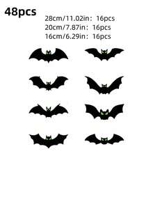 48 件万圣节蝙蝠墙饰，带夜光眼睛 - 大尺寸 3D 蝙蝠贴纸和室内派对装饰 - PVC 黑色蝙蝠、感恩节装饰、万圣节装饰、秋季装饰、丰收日装饰、房间装饰、卧室装饰