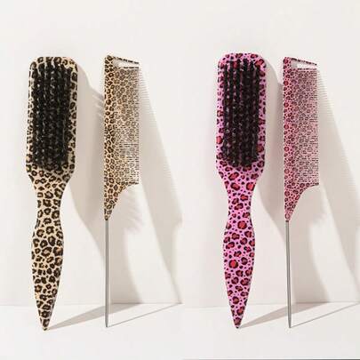 2pcs Leopard Print Pointed Tail Brush And Needle Tail Comb Set. Soft Boar Bristles, ABS Material. Smoothens Hair, Suitable For Hair Care And Styling. Suitable For Home And Salon Use, Essential For Back To School Season And Travel