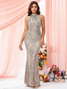 Halter Neck Mermaid Hem Sequin Proming Evening Party Maxi Dress For Women - Gold - View 1