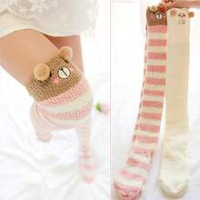 Womens Thigh High Fuzzy Socks Cute Over Knee Stockings Winter Warm Stripe Leg Warmers - Màu vàng - Xem 3