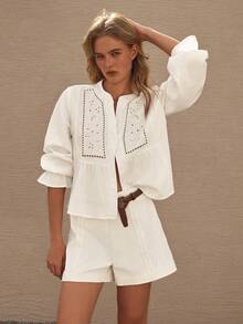 夏季亚麻感刺绣镂空蕾丝边宽松休闲女衬衫 - 白色 - 查看 2