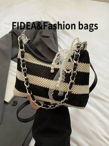 新款时尚女士条纹别致单肩包，优雅腋下斜挎包，适合约会、购物，百搭，配有吊坠 - 黑色 - 查看 9