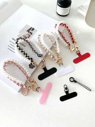 1pc Faux Pearl Double Chain Charm Bead Mobile Phone Lanyard Wristlet With Clips, Women Gift